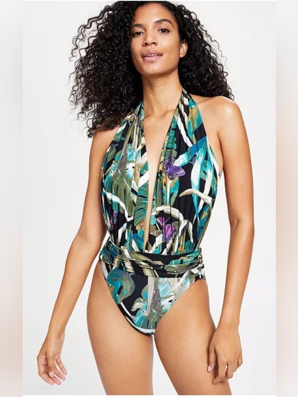 Vince Camuto Rainforest Plunge Tropical Halter One-Piece Swimsuit NWOT Size 6